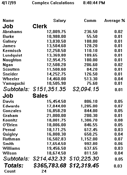 Report with complex calculations