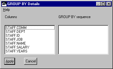 GROUP BY Details window GROUP BY Details window