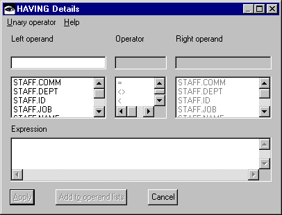 HAVING Details window HAVING Details window