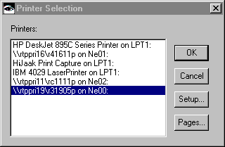 Printer Selection window Printer Selection window